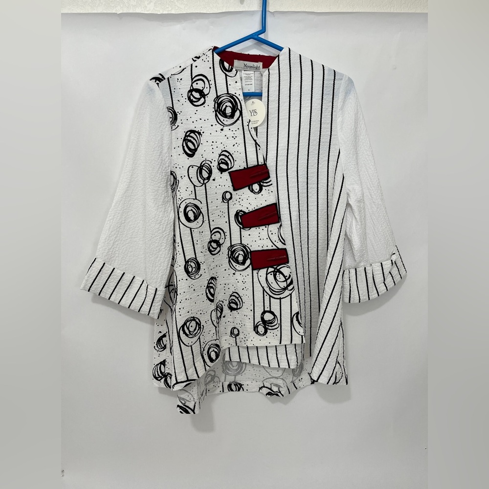 Moonlight Y & S Asymmetric Tunic Top Womens L XL White Red Lagenlook Artsy